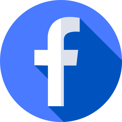 Facebook white lowercase f icon on blue circular background with long shadow.
