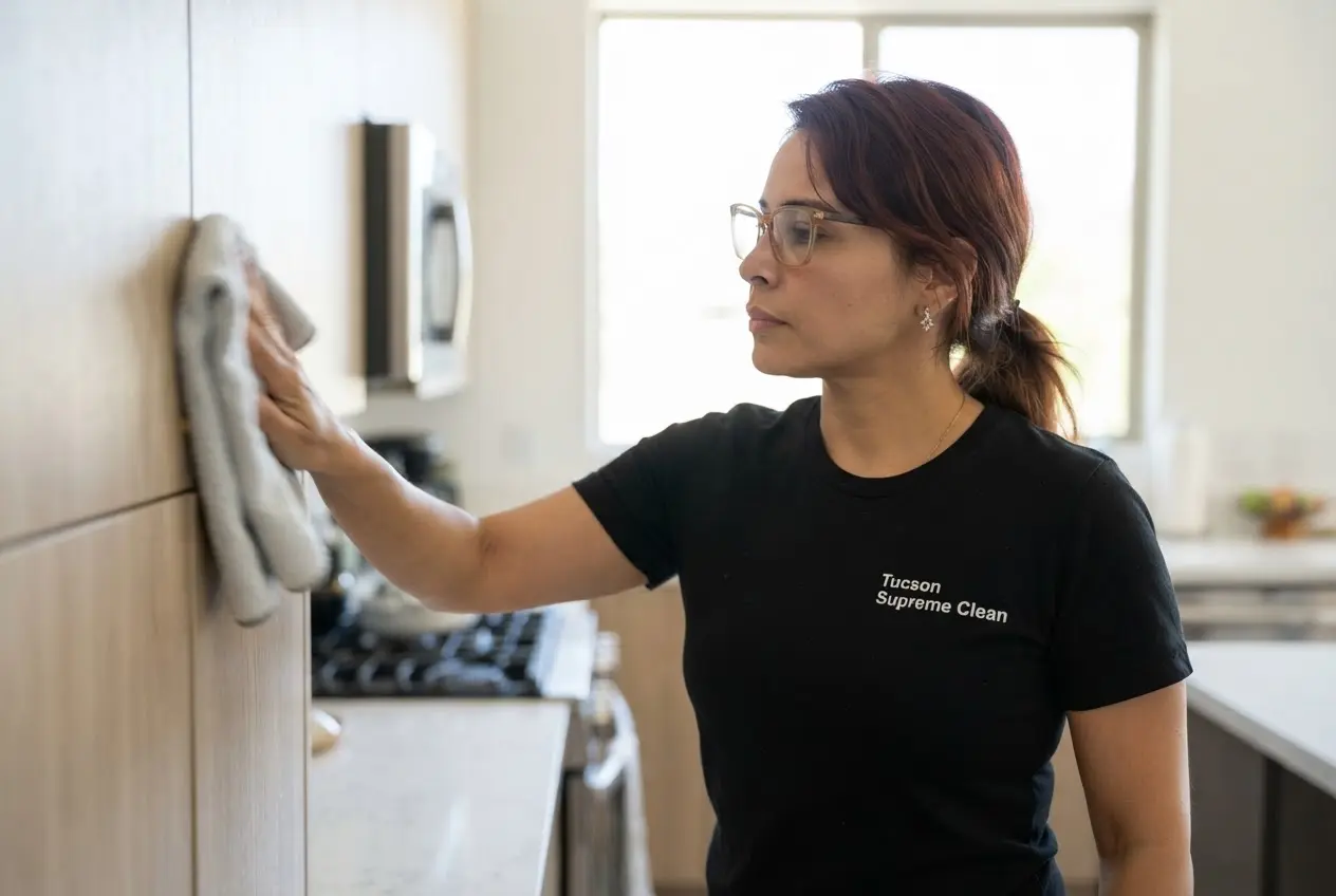 Woman wearing glasses and black Tucson Supreme Clean shirt wiping kitchen cabinet with a cloth.