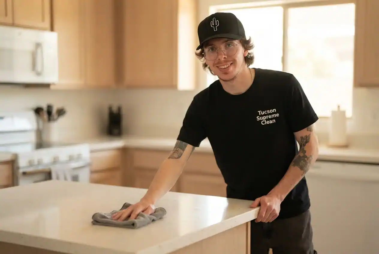 Man wearing a Tucson Supreme Clean shirt wiping a kitchen countertop with a cloth.