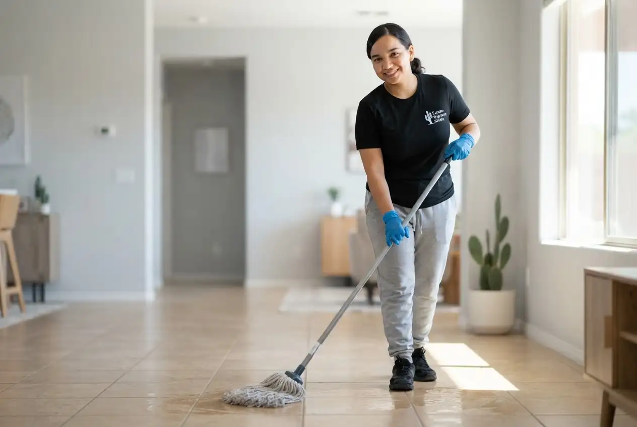 Smiling woman in gloves mops tiled floor in a bright, modern living room with a cactus plant.
