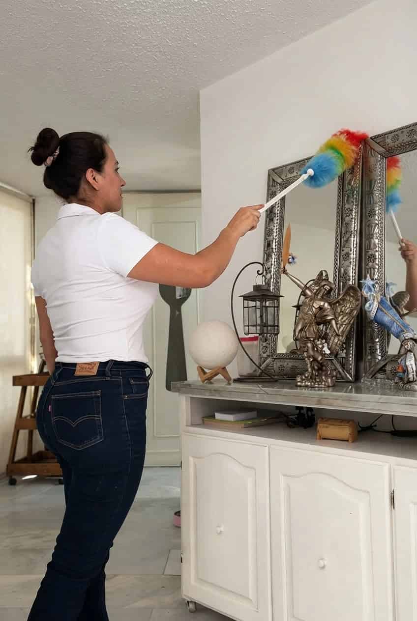 Woman dusting a silver-framed mirror with a rainbow-colored duster in a room with white furniture.