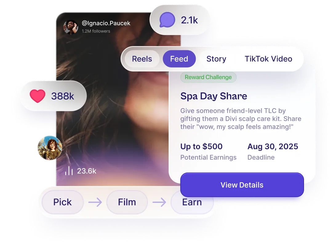 Social media post by @Ignacio.Pauce with 1.2M followers showing 388k likes, 2.1k comments, and 23.6k views for a Reward Challenge titled Spa Day Share offering up to $500 potential earnings with a deadline of August 30, 2025.