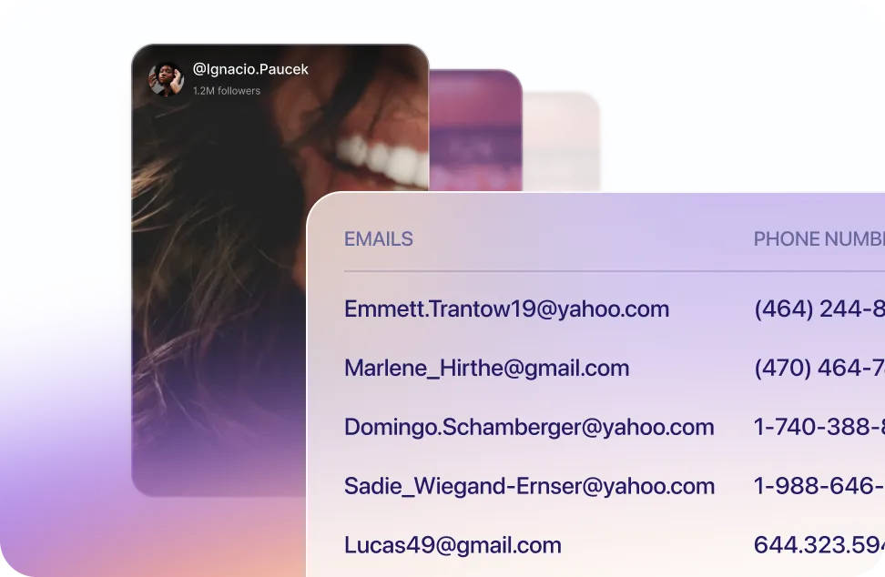 Partial view of a social media profile and a blurred list showing emails and phone numbers.