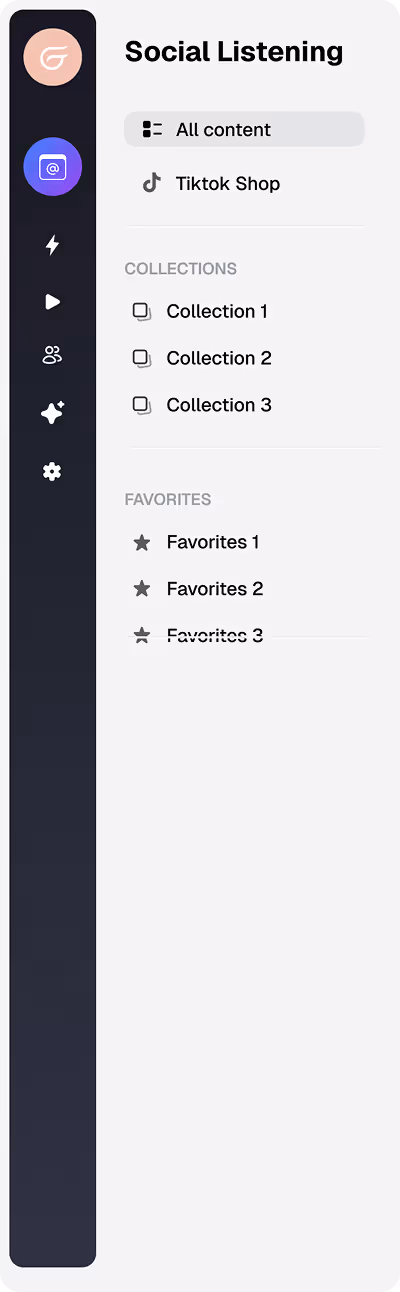 Sidebar menu titled Social Listening with sections for All content, Tiktok Shop, Collections including Collection 1, 2, 3, and Favorites including Favorites 1, 2, and a strikethrough Favorites 3.