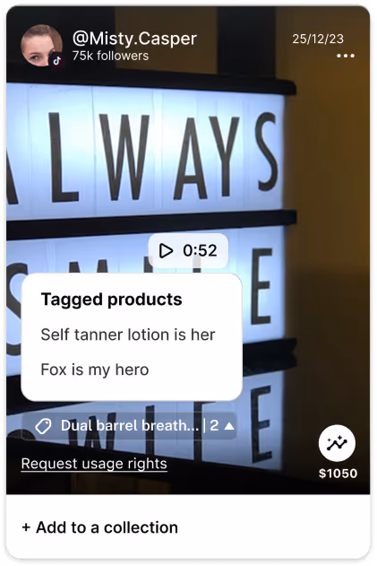 Social media post by Misty.Casper showing a lightbox with partially visible text 'ALWAYS SMILE MORE' and tagged products including self tanner lotion and a statement 'Fox is my hero', with a $1050 price tag.