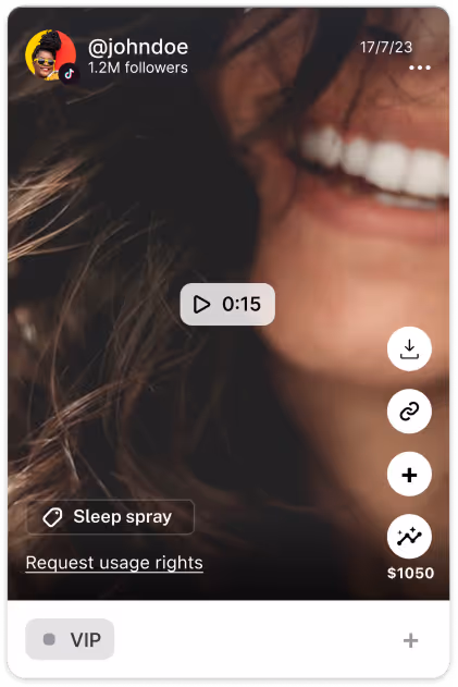 Close-up of a smiling person with long hair in a TikTok video post by @johndoe with 1.2M followers, featuring a sleep spray product tag and usage rights request.