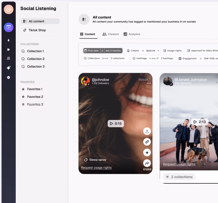 Dashboard interface for social listening showing content filters, collections, favorites, and two social media posts including a close-up of a smiling mouth and a group of people with a dog.