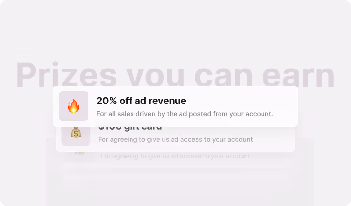 Popup notification showing a fire emoji and text offering 20% off ad revenue for all sales driven by ads posted from your account.