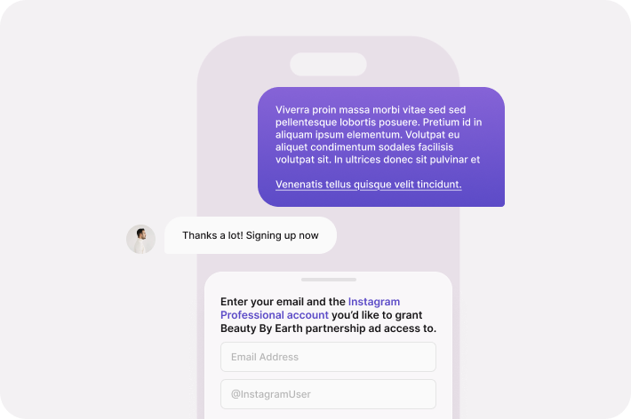 Mobile phone screen showing a chat with purple and white message bubbles and a form to enter email and Instagram handle for granting ad access.