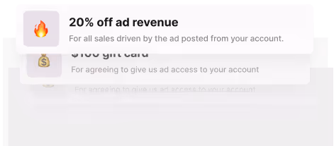 Notification displaying a fire emoji and text offering 20% off ad revenue for all sales driven by ads posted from your account.