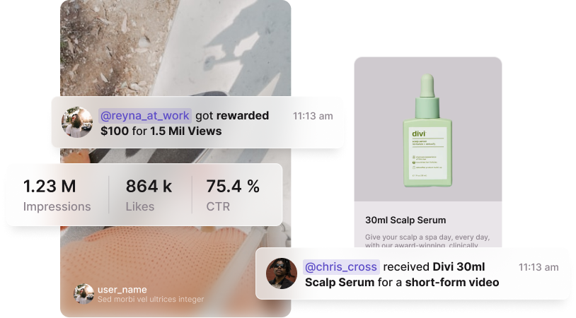 Social media interface showing user rewards and engagement stats with a Divi 30ml Scalp Serum product image.