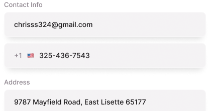 Contact information displaying an email address and a US phone number with flag, followed by a street address in East Lisette.