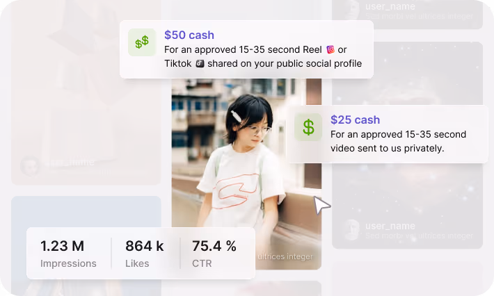 Social media interface showing a woman wearing glasses and a white t-shirt, with text offering $50 cash for approved 15-35 second Instagram Reel or TikTok shared publicly, and $25 cash for approved 15-35 second video sent privately, alongside metrics of 1.23M impressions, 864k likes, and 75.4% CTR.
