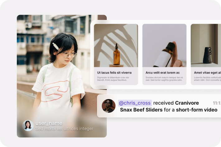 Young woman with glasses and hair clip leaning on a railing wearing a white t-shirt, next to product cards featuring bottles and a notification about @chris_cross receiving Cranivore Snax Beef Sliders for a short video.