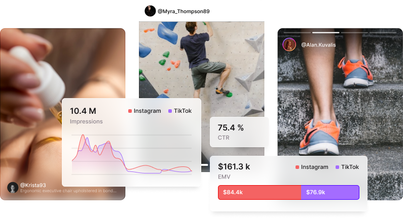 Three social media posts showing a close-up of a person using a dropper, a person climbing a rock wall, and a person walking up stone stairs, overlaid with Instagram and TikTok performance metrics charts.