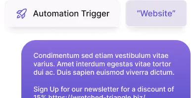 User interface showing an automation trigger labeled 'Website' with a purple text box containing placeholder text and a newsletter sign-up message.