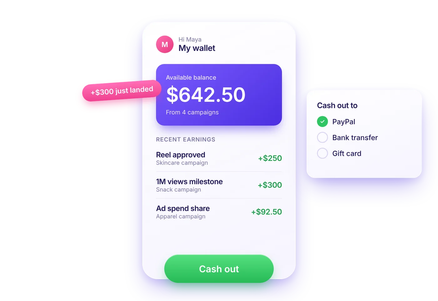Creator wallet with available balance, recent campaign earnings, and cash out options