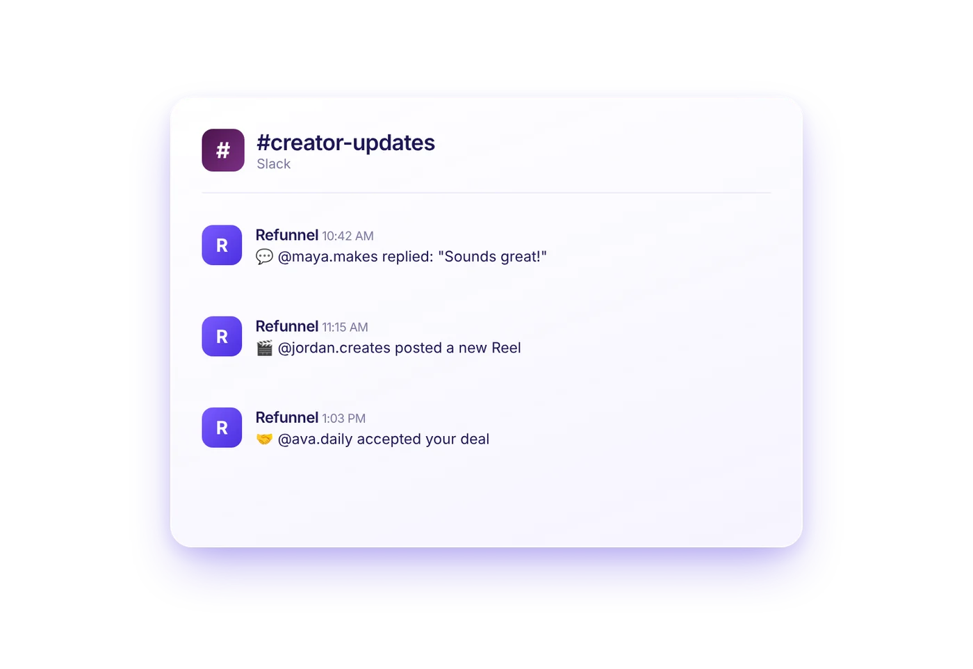 Slack channel with Refunnel alerts for creator replies, new posts, and accepted deals