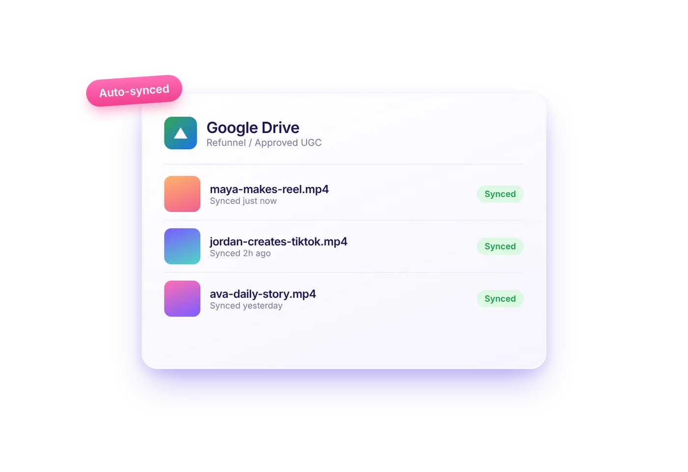 Approved creator videos synced to a Google Drive folder