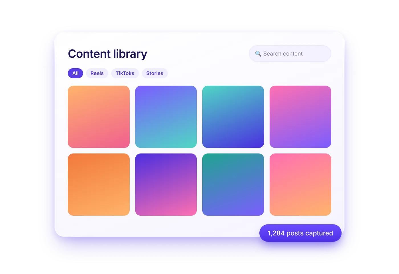 Searchable UGC library filtered by Reels, TikToks, and Stories