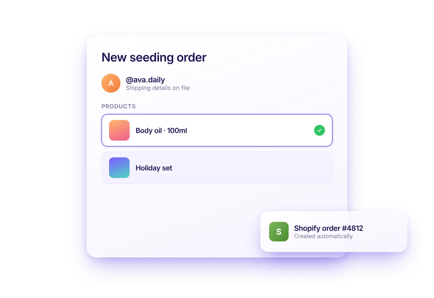 New seeding order for a creator with products selected and a Shopify order created automatically