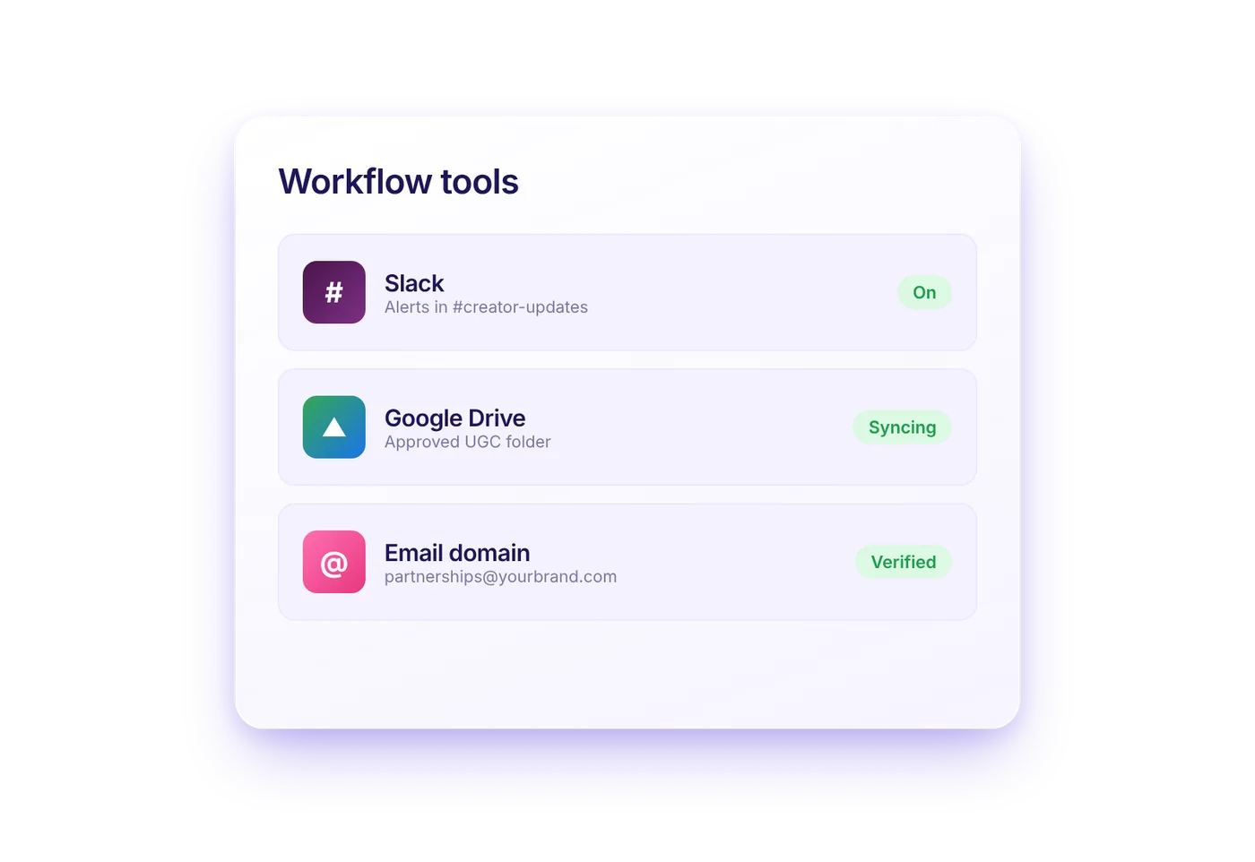 Slack, Google Drive, and custom email domain integrations