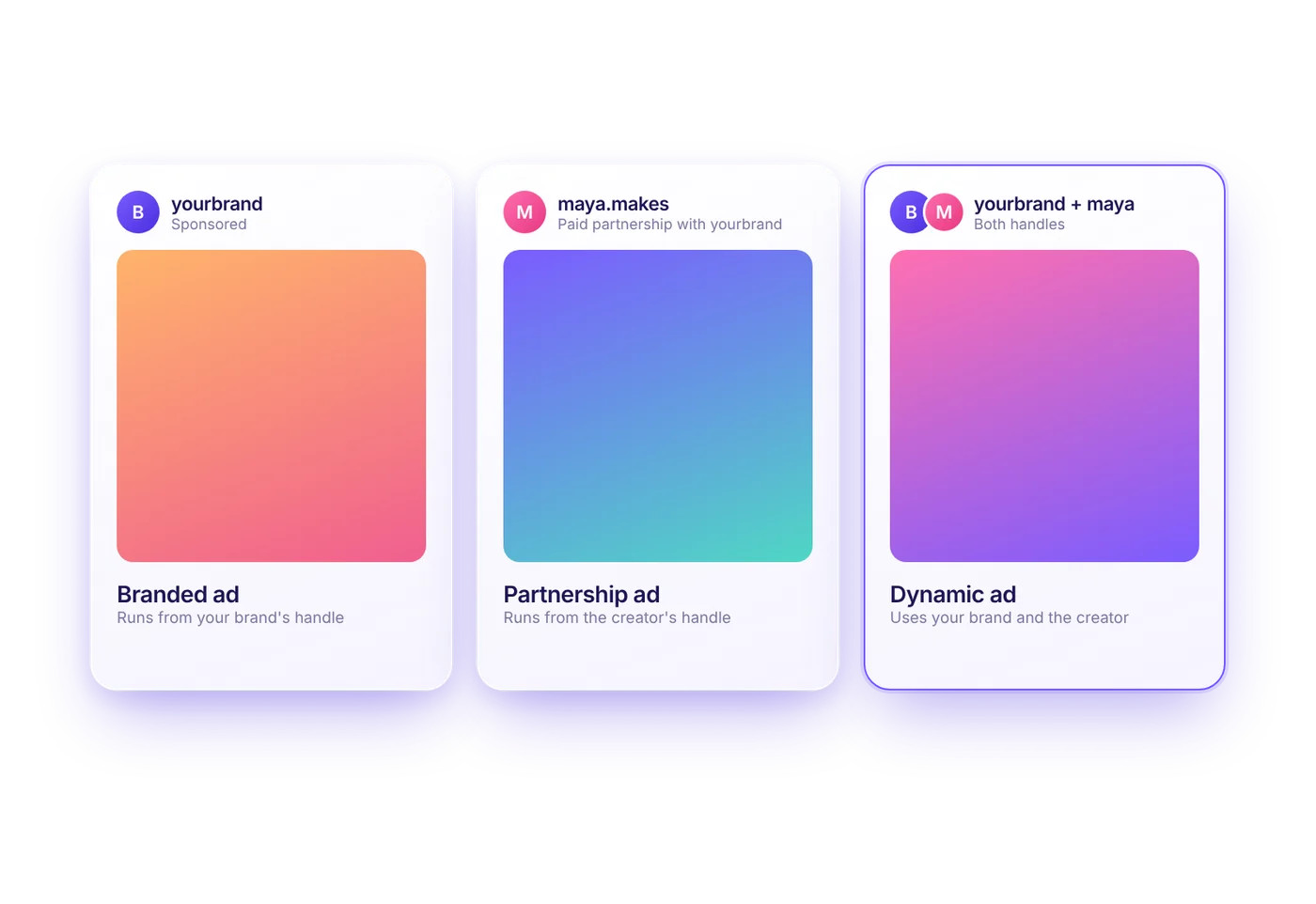 Branded ad, partnership ad, and dynamic ad formats side by side