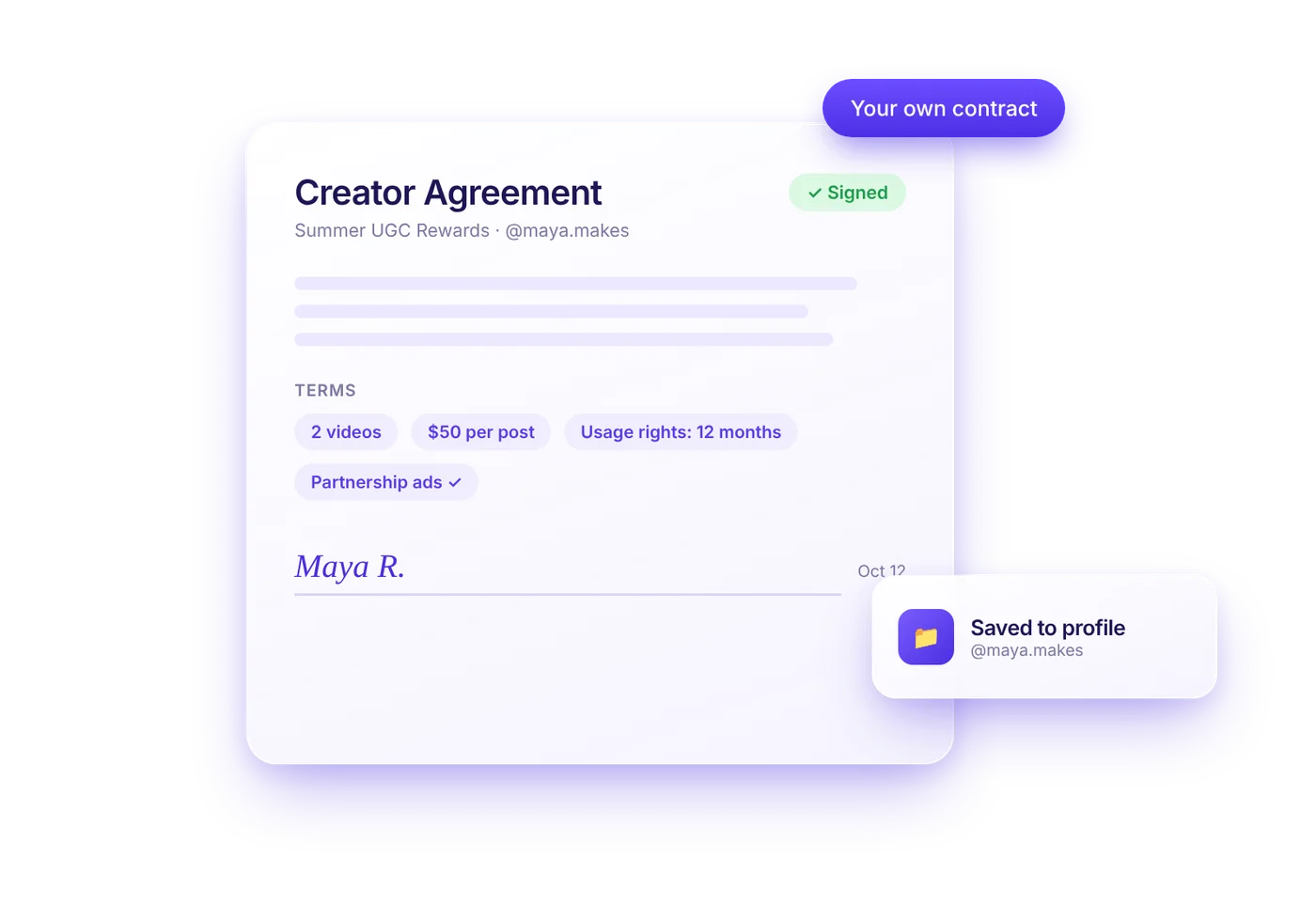 Signed creator agreement in Refunnel with deliverables, payout, and usage rights terms