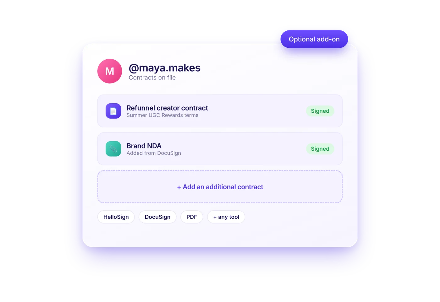 Creator profile with the Refunnel contract and an additional NDA added from DocuSign