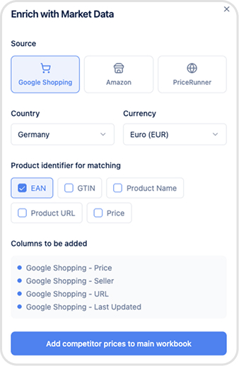 Add market data dialog for competitor pricing