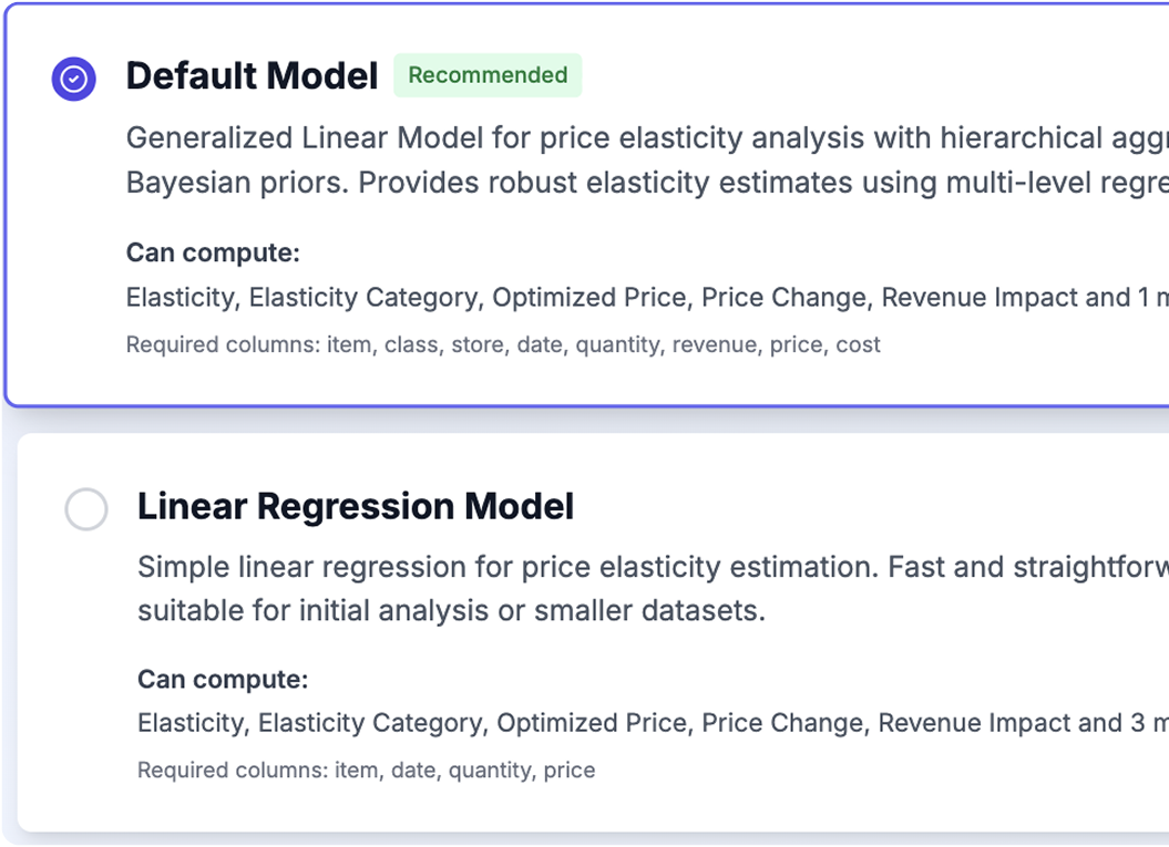 Model selection panel comparing default and linear regression pricing models