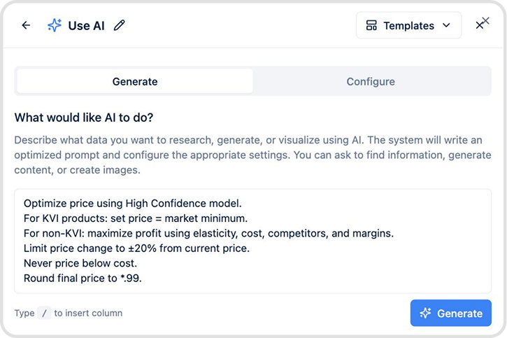 AI prompt editor used to generate retail analytics and pricing recommendations