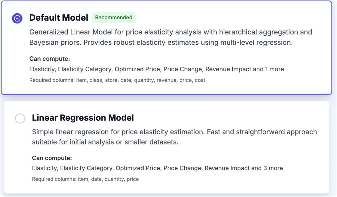 Model selection panel comparing default and linear regression pricing models