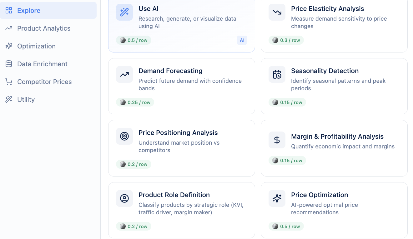 Model selection panel comparing default and linear regression pricing models