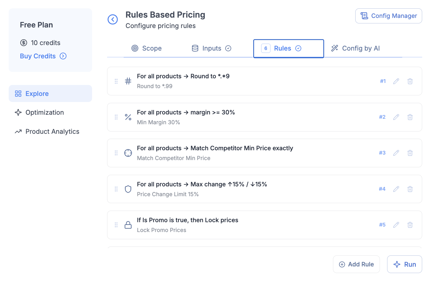 Screen showing Rules Based Pricing interface with six pricing rules configured for product pricing, including rounding, margin, competitor price match, max change, and promo price lock.