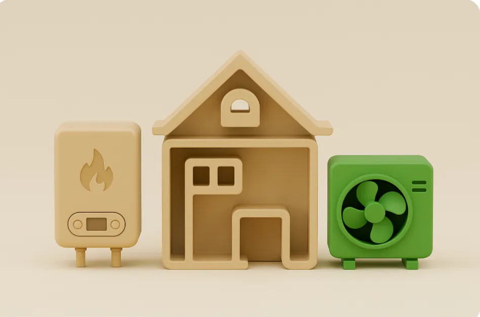 Équipements de plombier avec maison, chauffe-eau et ventilateur vert