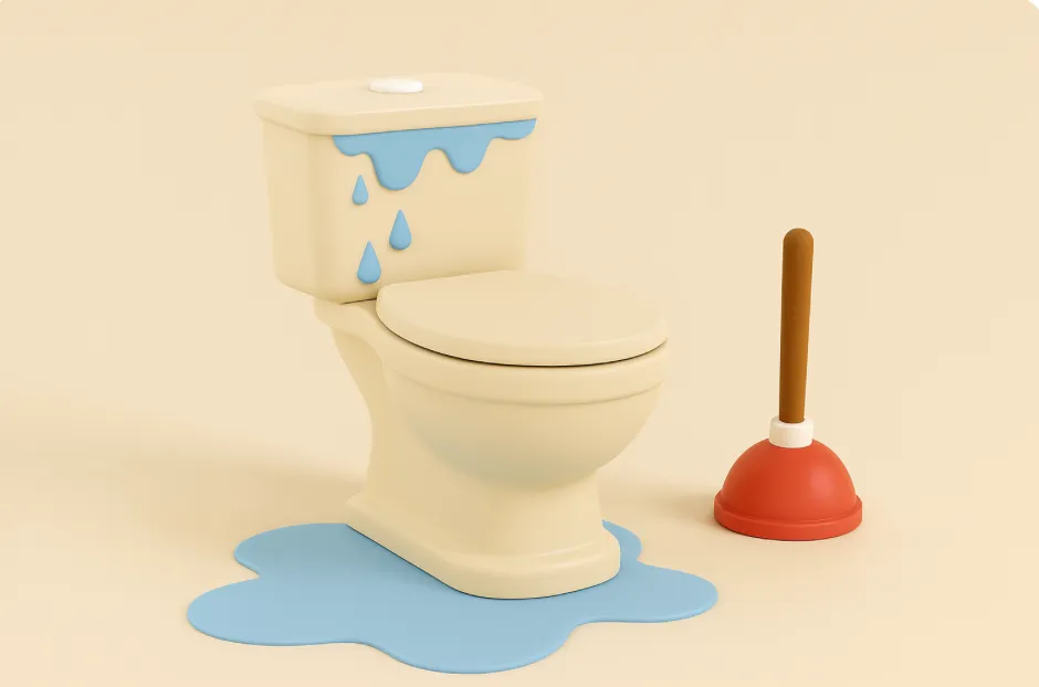 Toilettes qui fuient avec plongeur, illustration du travail d'un plombier