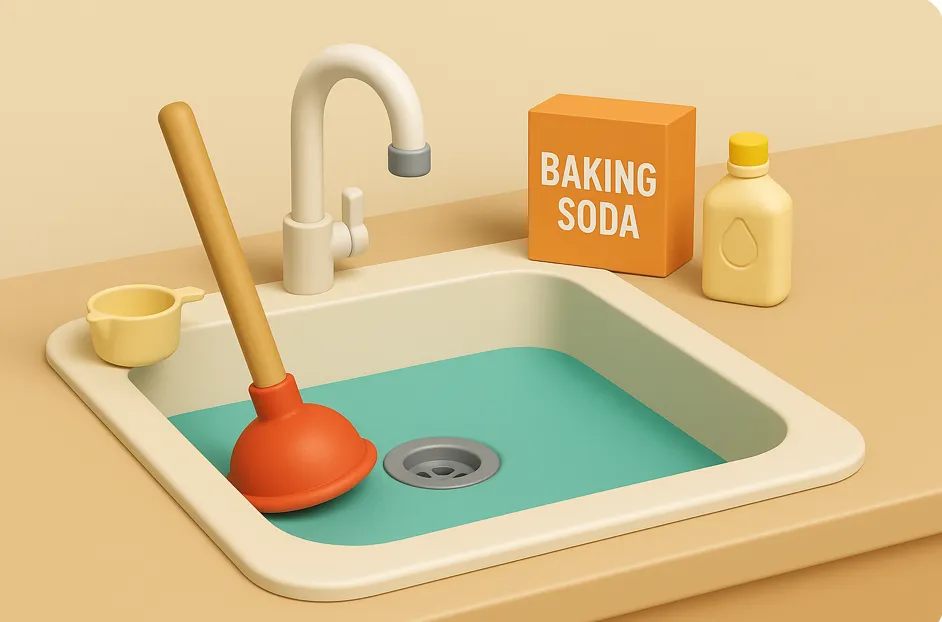 Évier de plombier avec déboucheur et produits de nettoyage