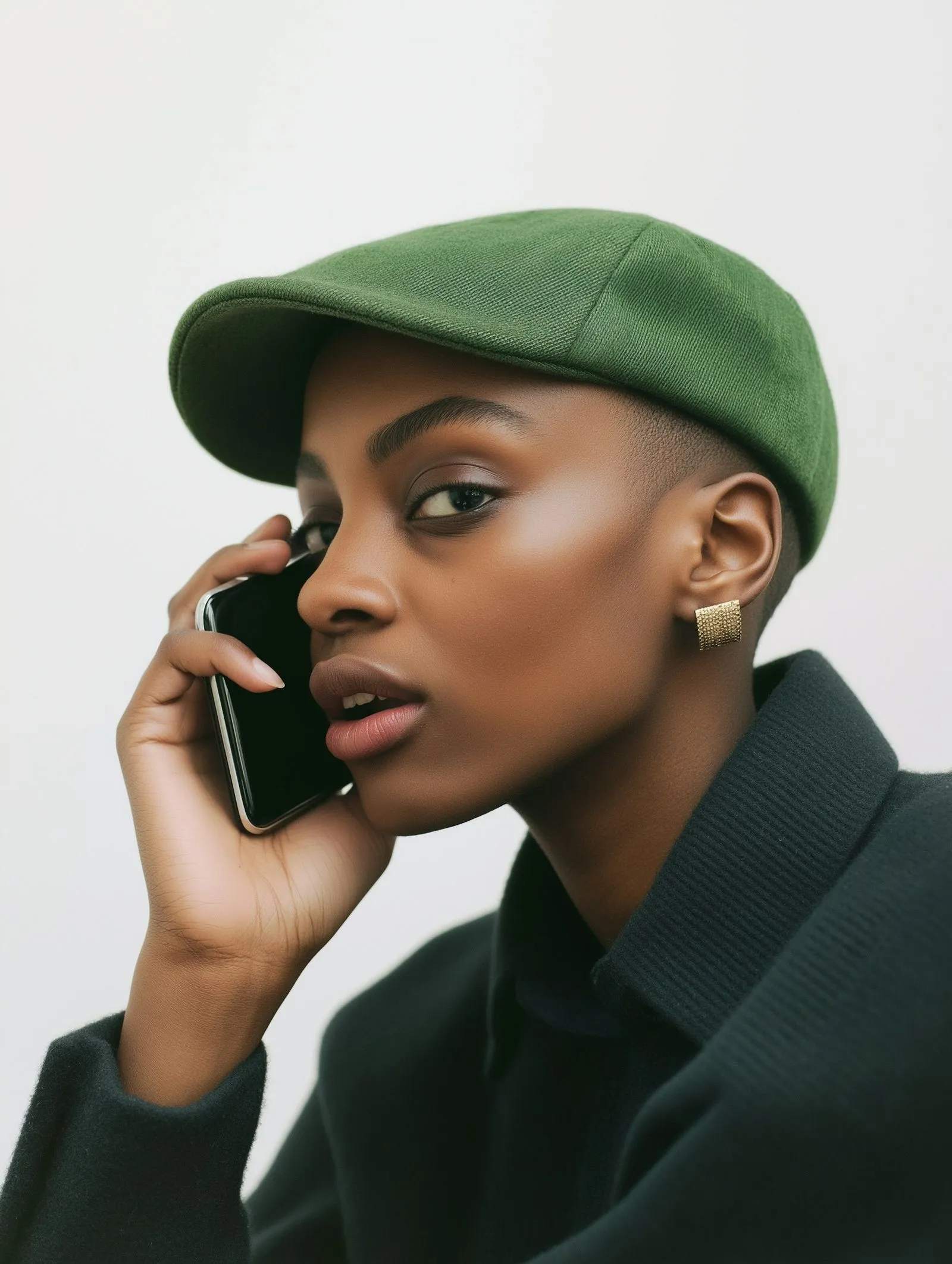 A woman in a green hat talking on a cell phone.