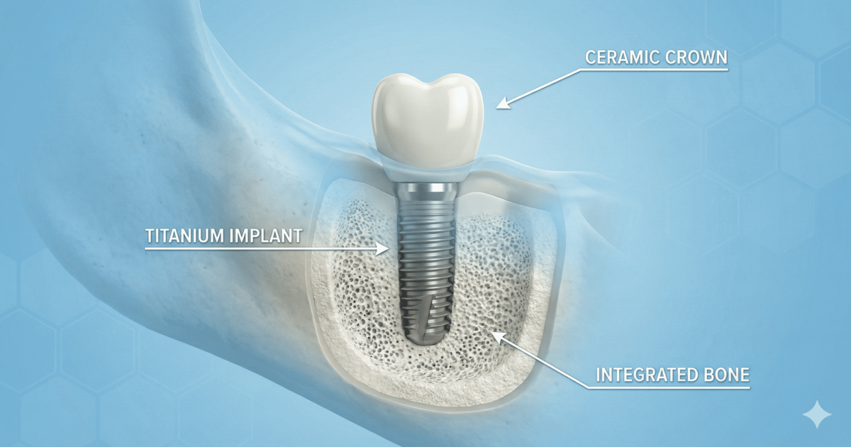 Schéma explicatif d'un implant dentaire en titane et couronne céramique