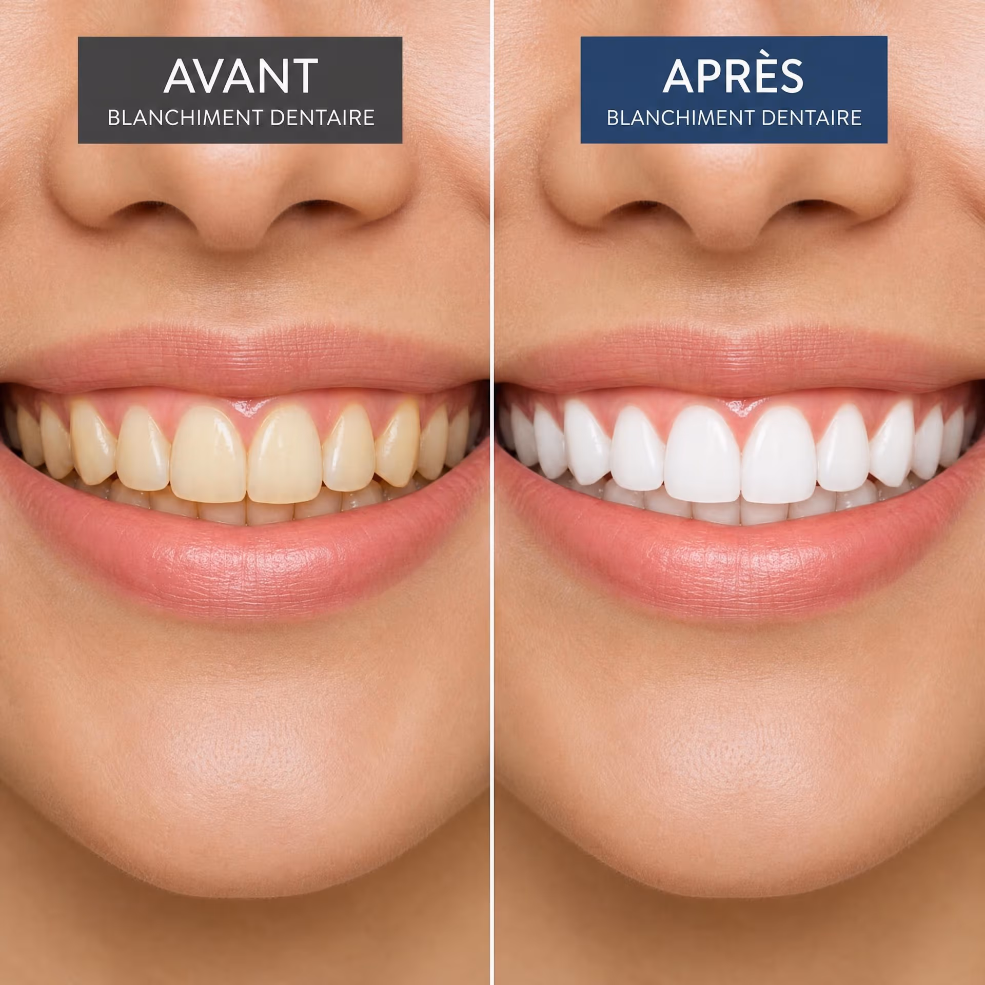 Sourire avant et après blanchiment dentaire montrant des dents jaunies puis blanches éclatantes.