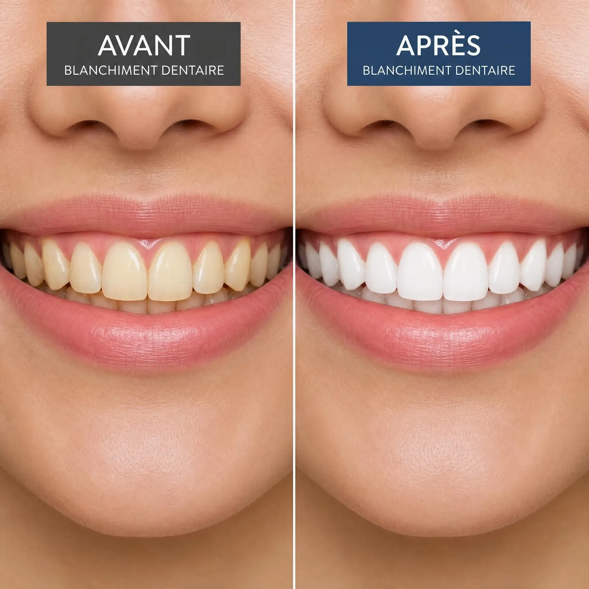 Sourire avant et après blanchiment dentaire montrant des dents jaunies puis blanches éclatantes.