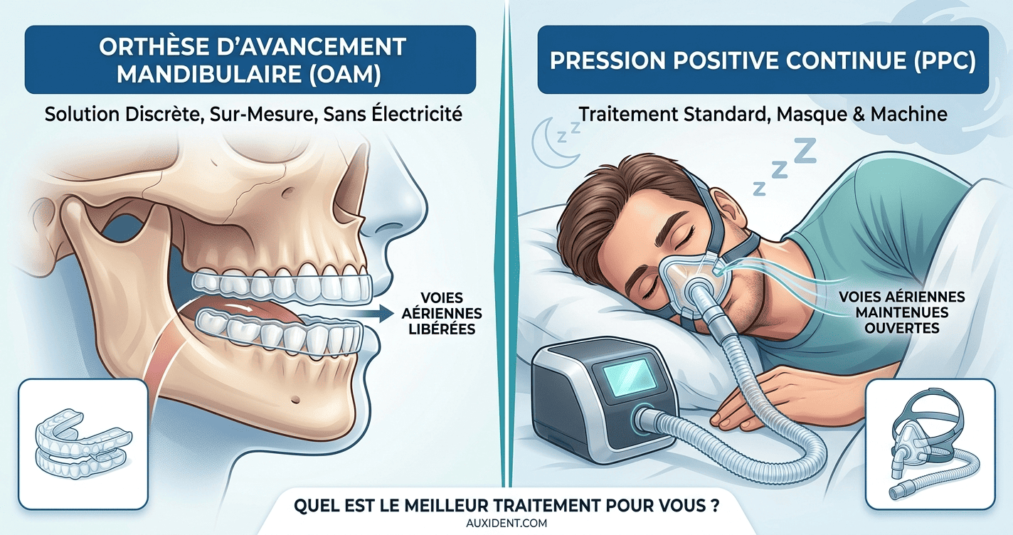 comparaison entre orthèse d'avancée mandibulaire (OAM) et ventilation par pression positive continue (PPC) dans le cadre de la prise en charge de l'apnée du sommeil (SAHOS)