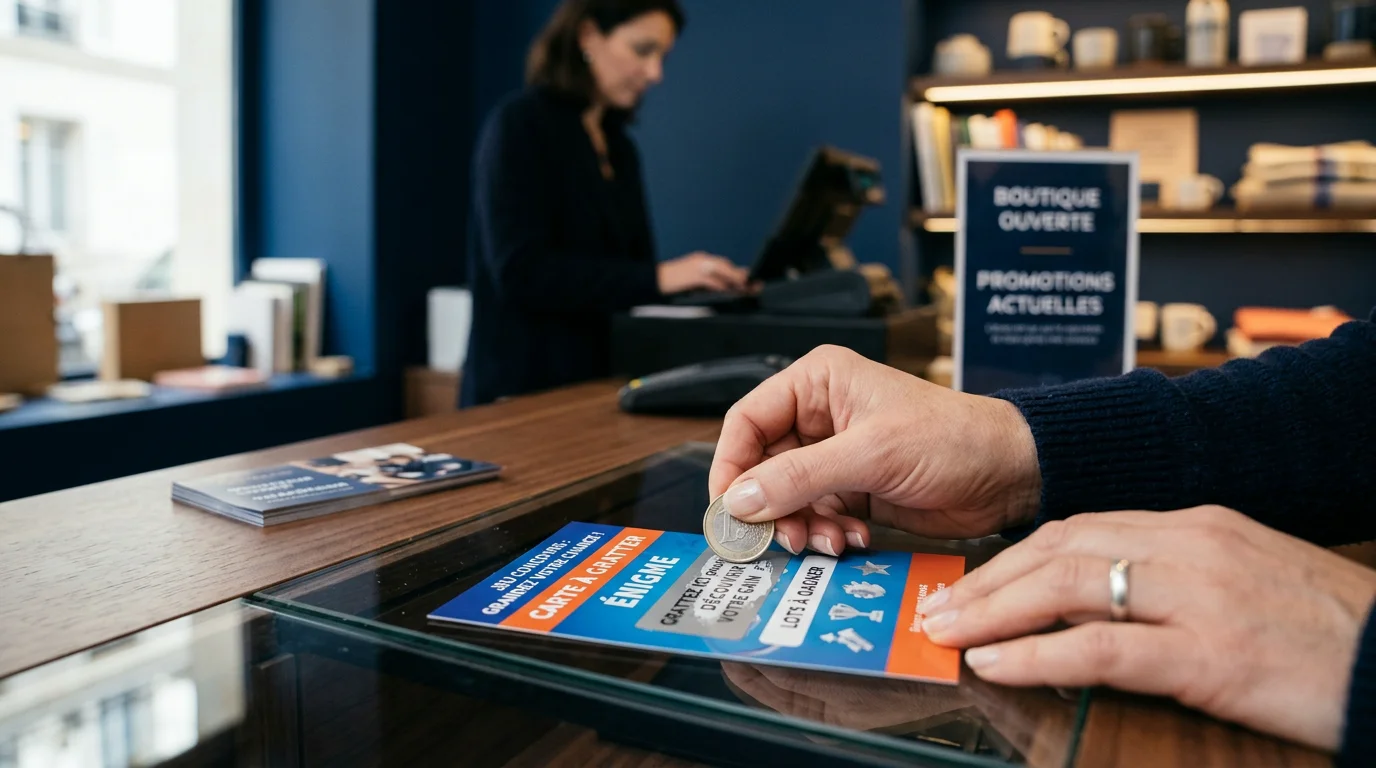 Client grattant une carte à gratter promotionnelle en boutique