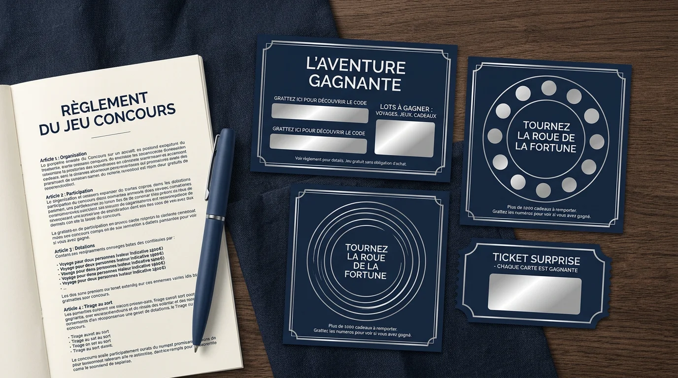 Cartes à gratter promotionnelles et règlement de jeu disposés à plat