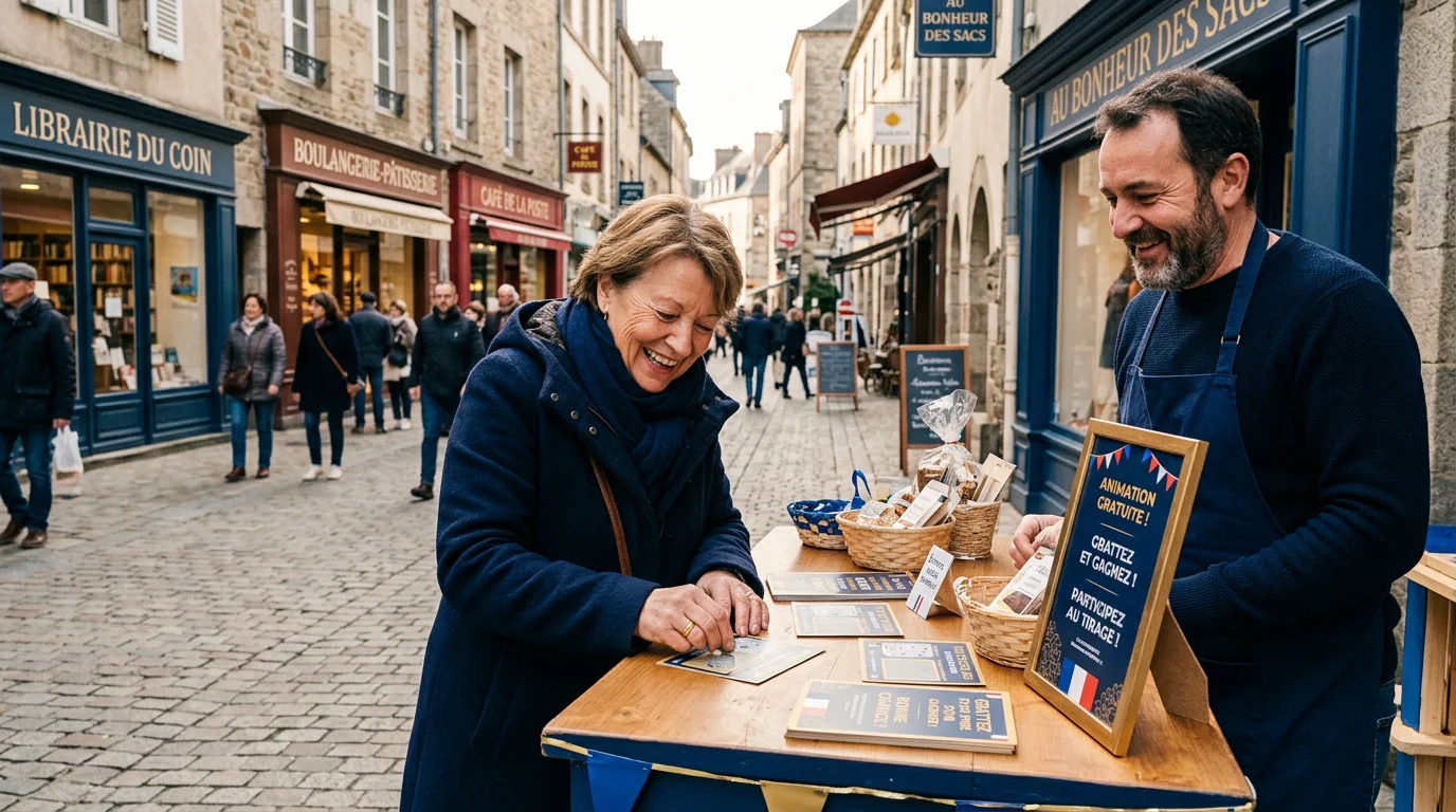 Animation de tickets à gratter dans un centre-ville de commerçants