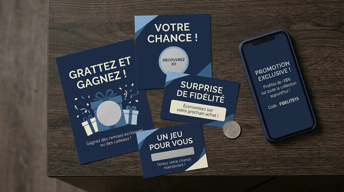 Tickets à gratter personnalisés disposés près d'un smartphone pour une campagne multicanal