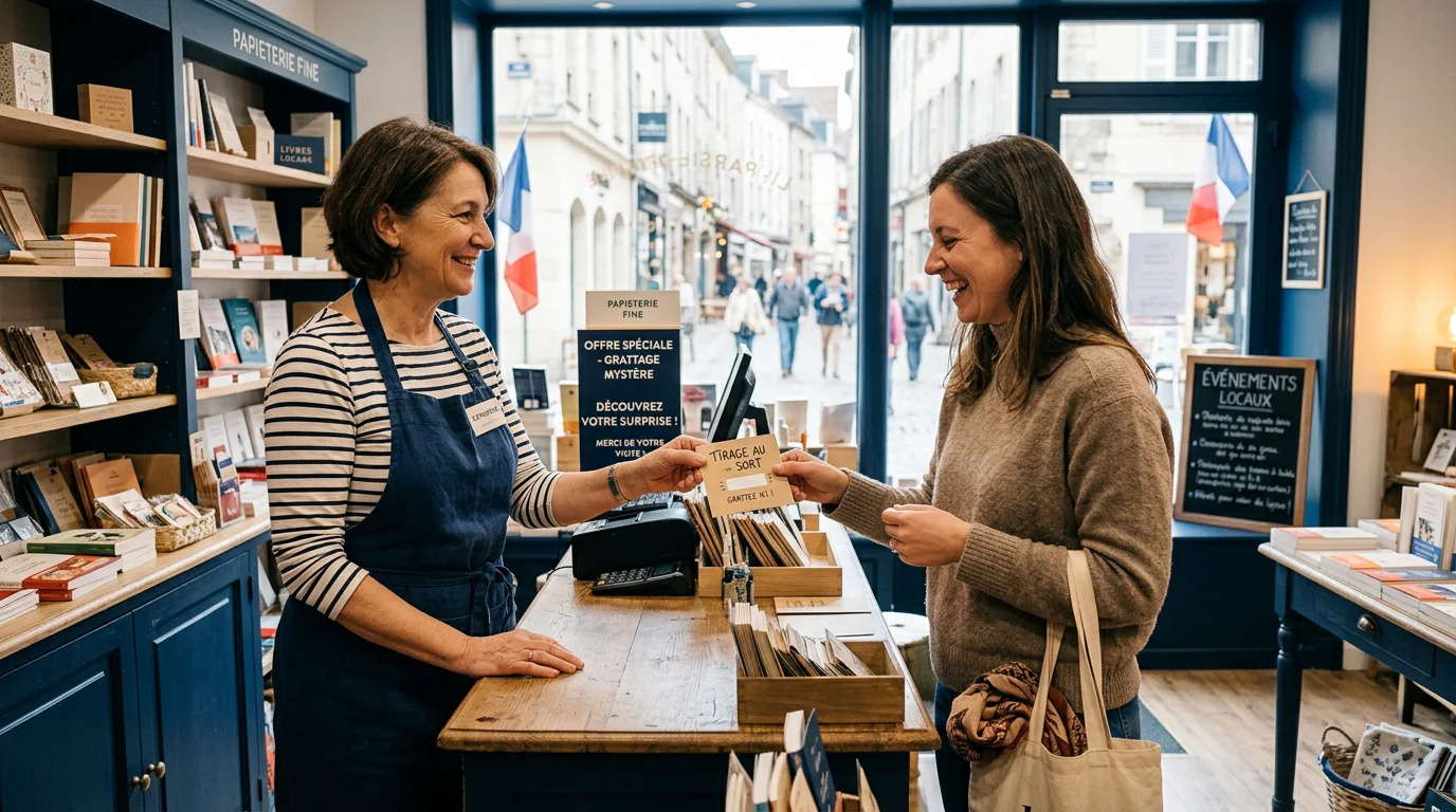 Commerçant remettant un ticket à gratter personnalisé à une cliente en boutique