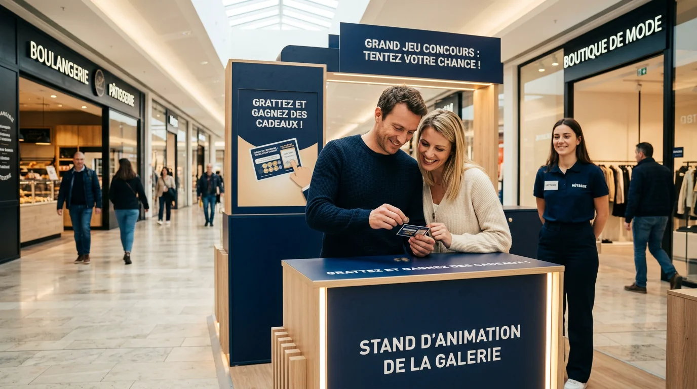 Présentoir de tickets à gratter personnalisés dans une galerie marchande moderne
