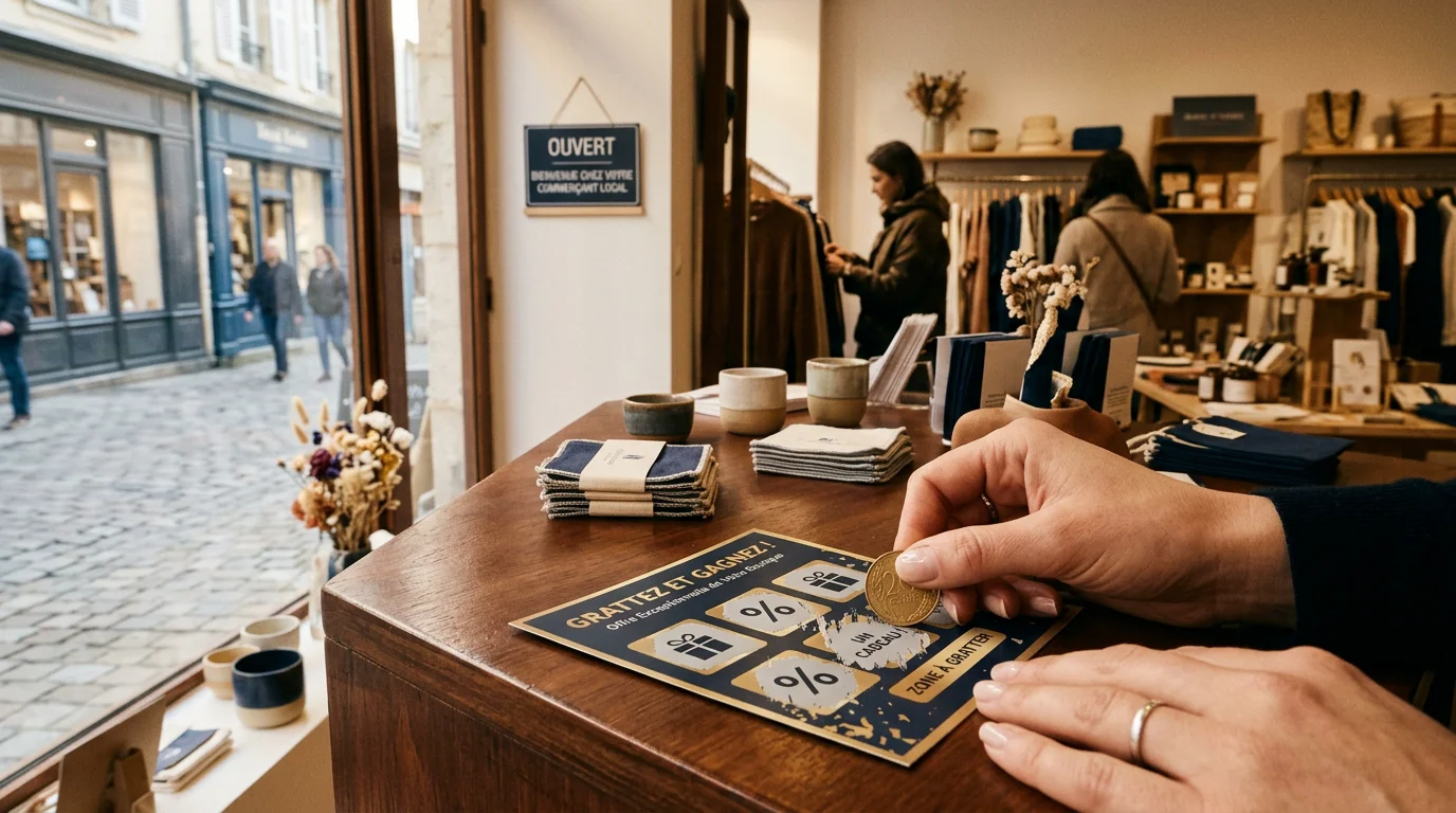 Carte à gratter personnalisée tenue devant un commerce de centre-ville